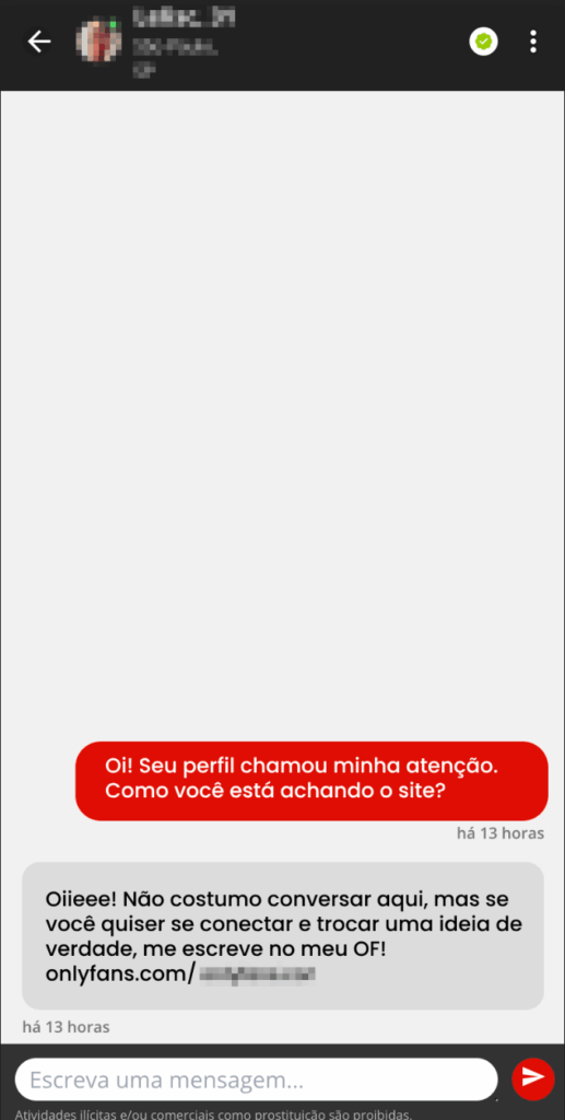 Conversa no Meu Patrocínio direcionando para perfil no OnlyFans