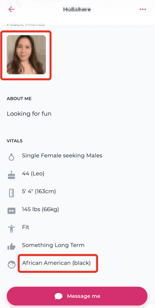 Example of an Ashley Madison profile information screen